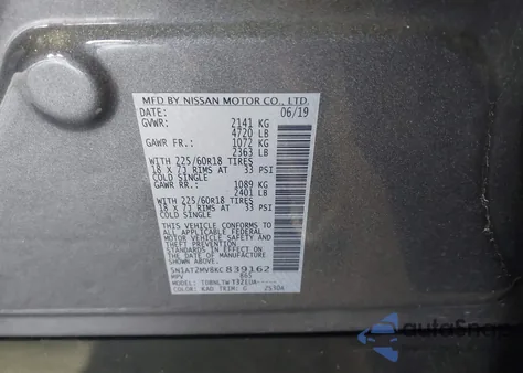 2019 Nissan Rogue Sv z USA, uszkodzony, nr VIN 5N1AT2MV8KC839162